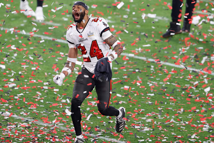 Feb 7, 2020; Tampa, FL, USA; Tampa Bay Buccaneers cornerback Carlton Davis (24) celebrates after defeating the Kansas City Chiefs in Super Bowl LV at Raymond James Stadium. Mandatory Credit: Kim Klement-USA TODAY Sports